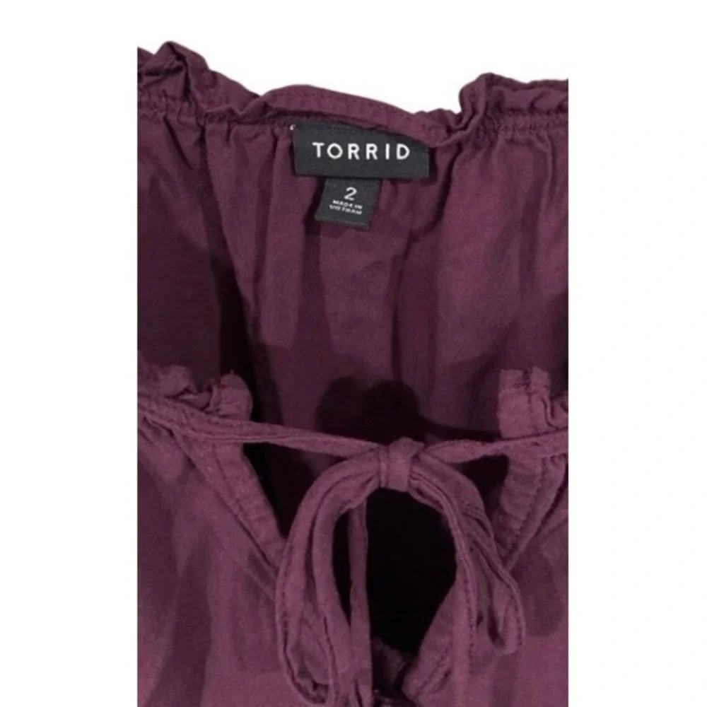 Torrid Women's Size 2 2X Plum Boho Peasant Blouse Tie Neck Bishop Sleeve